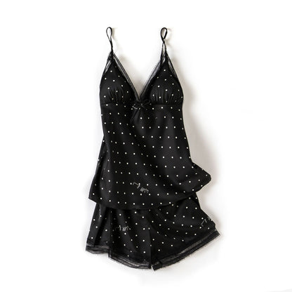 Print Dot Lady Nightwear Satin 4PCS Pajamas Set For Women - Hamora