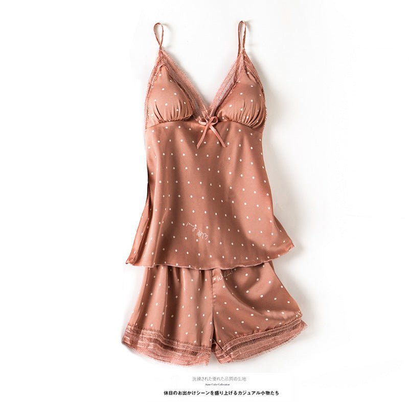 Print Dot Lady Nightwear Satin 4PCS Pajamas Set For Women - Hamora
