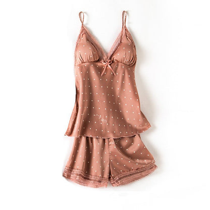Print Dot Lady Nightwear Satin 4PCS Pajamas Set For Women - Hamora