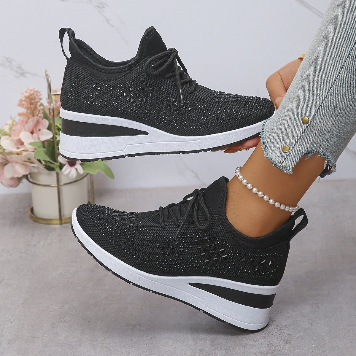 Rhinestone Lace Up Fashion Style Daily Commuter Women's Casual Shoes - Hamora