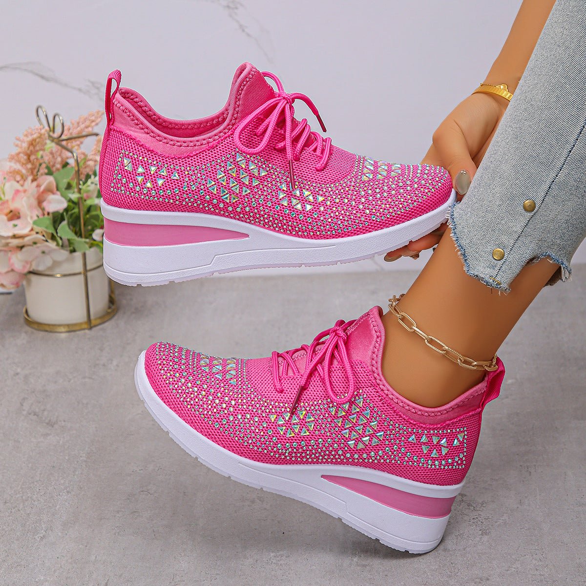 Rhinestone Lace Up Fashion Style Daily Commuter Women's Casual Shoes - Hamora