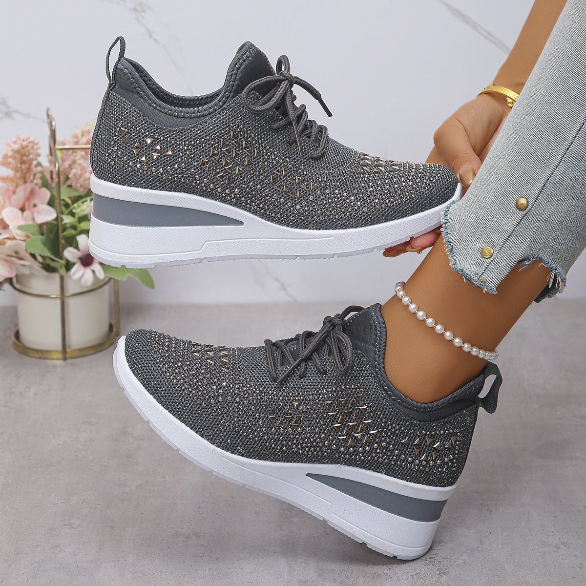 Rhinestone Lace Up Fashion Style Daily Commuter Women's Casual Shoes - Hamora
