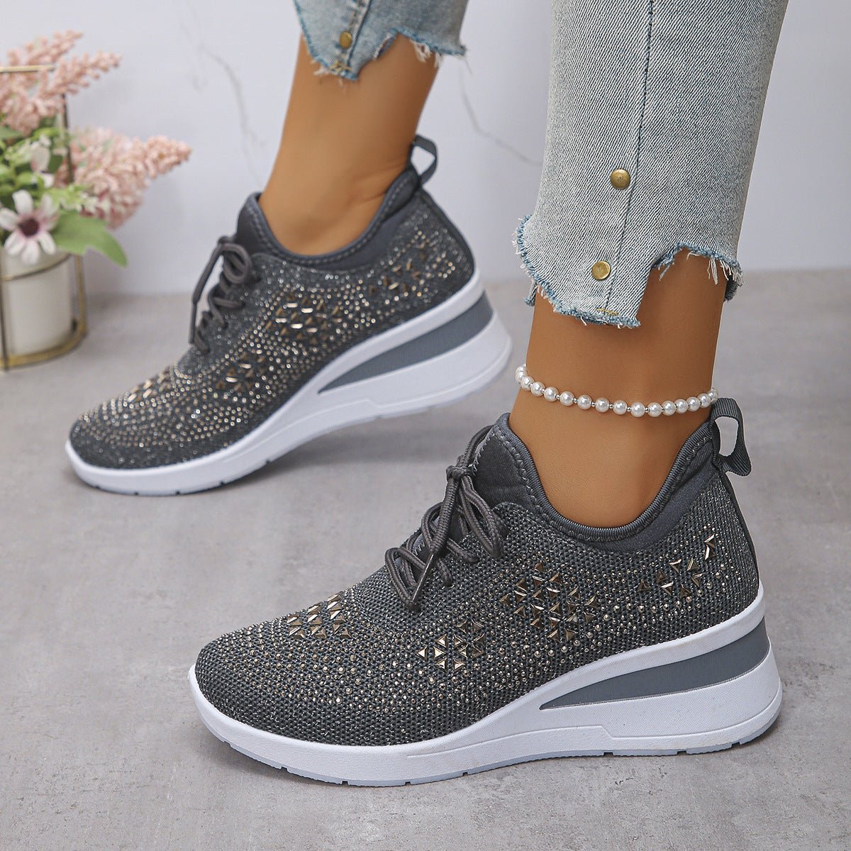 Rhinestone Lace Up Fashion Style Daily Commuter Women's Casual Shoes - Hamora
