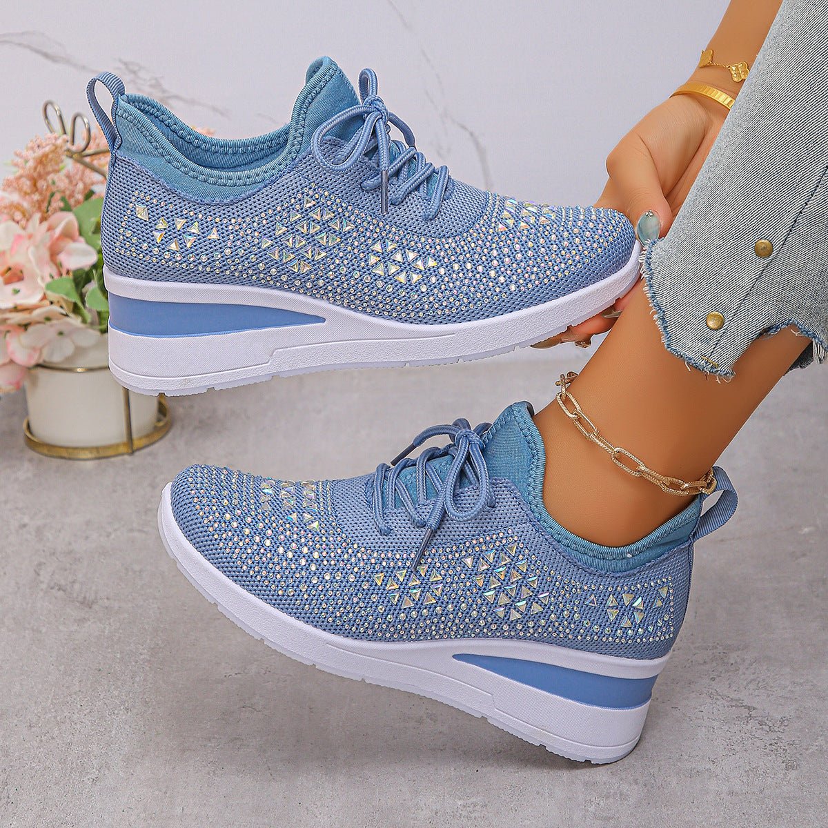Rhinestone Lace Up Fashion Style Daily Commuter Women's Casual Shoes - Hamora