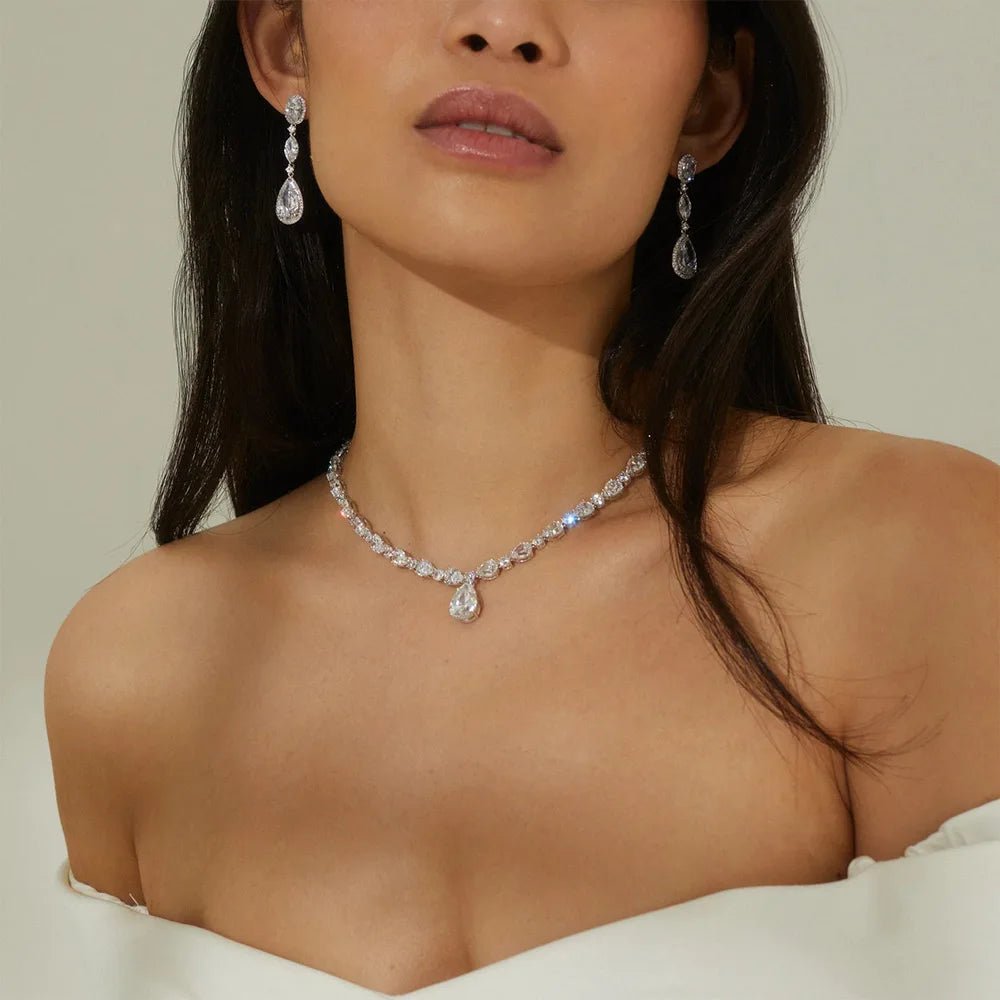 Stonefans Shiny CZ Pear Drop Necklace Choker for Women Luxury Bridal Round Circle Rhinestone Clavicle Chain Necklace Jewelry - Hamora