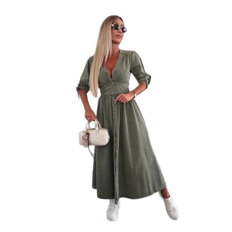 V - neck Short Sleeve Loose Denim Long Button Dress - Hamora