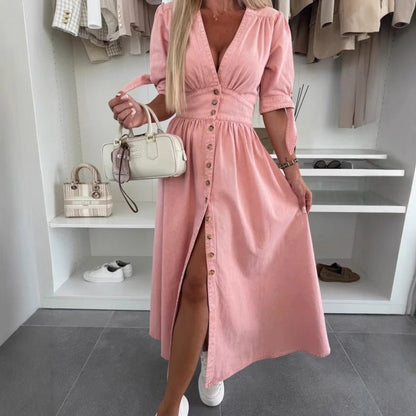 V - neck Short Sleeve Loose Denim Long Button Dress - Hamora