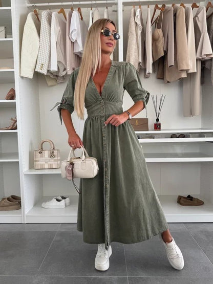 V - neck Short Sleeve Loose Denim Long Button Dress - Hamora