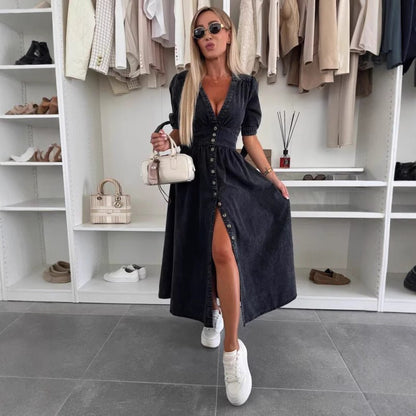 V - neck Short Sleeve Loose Denim Long Button Dress - Hamora