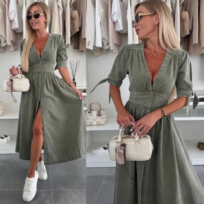 V - neck Short Sleeve Loose Denim Long Button Dress - Hamora