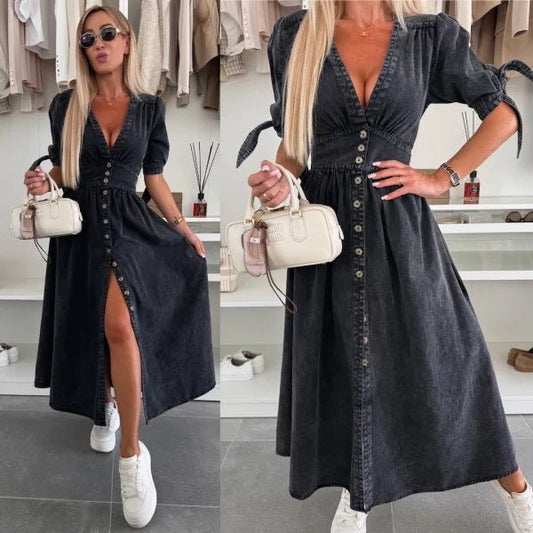 V - neck Short Sleeve Loose Denim Long Button Dress - Hamora