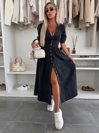 V - neck Short Sleeve Loose Denim Long Button Dress - Hamora