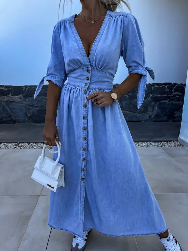 V - neck Short Sleeve Loose Denim Long Button Dress - Hamora